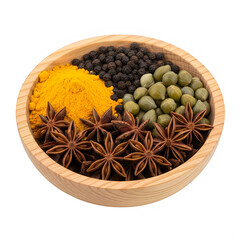A wooden bowl filled with various spices and herbs isolated on transparent background