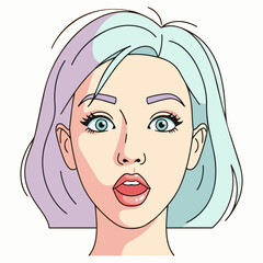 Illustration of a young woman with pastel hair and expressive facial features viewed from the front