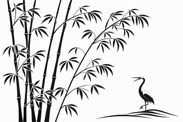 Obraz premium A minimalist black and white vector illustration of a heron standing near bamboo stalks on a plain background