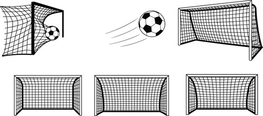Black vector illustration set of soccer goal nets and flying football with motion trails for sports competition branding club league training and tournament designs © Ariful