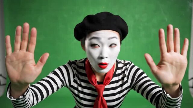 Female mime artist performing in studio with green screen