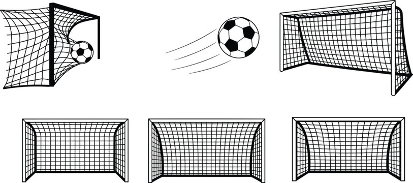 Black vector illustration set of soccer goal nets and flying football with motion trails for sports competition branding club league training and tournament designs