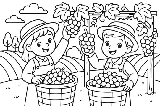Grape Harvest Coloring. harvesting grapes children?s coloring book illustration, outlined drawing, happy farmers picking grapes in a vineyard, educational