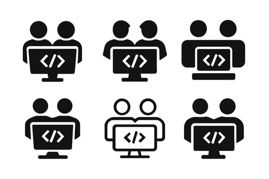 IT Coding Icons. IT professionals and programmers coding. Icon set. Set Logo of IT professionals and programmers coding: pair programming at dual monitors.