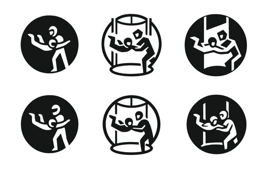 Indoor Skydiving Icons. Indoor skydiving in specialized wind tunnels. Icon set. Set Logo of Indoor skydiving in specialized wind tunnels: instructor guiding