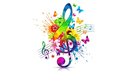 Colorful treble clef with flowers butterflies and musical staff