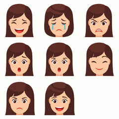 A cartoon woman displays various facial expressions showcasing different emotions in a grid of nine illustrations