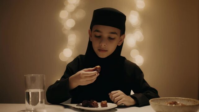 A young Muslim boy in black peci is praying to break the fasting and enjoying a meal at a minimal dining table illuminated by soft lights
