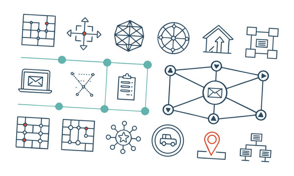 Network of icons representing communication, technology, and data exchange in a modern digital landscape viewed from a top-down perspective