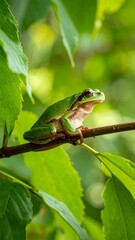 Obraz premium A vibrant green amphibian sits perched on a thin brown branch, framed by lush green leaves in soft focus. The lighting is natural, bright and bokeh