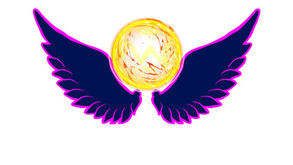 Obraz premium Glowing sun orb with dark blue wings and pink neon outlines isolated on white