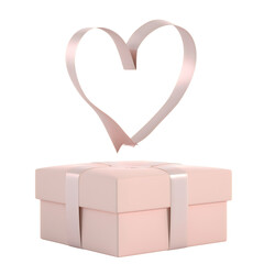 Pink gift box with heart shaped ribbon floating above on transparent background 3d render
