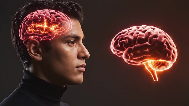 Profile of young man with active glowing brain concept