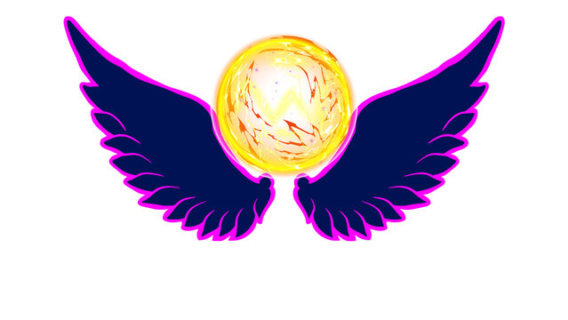 Glowing sun orb with dark blue wings and pink neon outlines isolated on white
