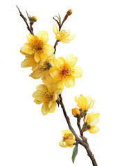 Delicate branch of sunny yellow flowers with intricate details against a stark black background