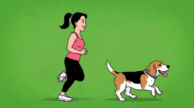 Smiling woman jogging with happy beagle dog on green background