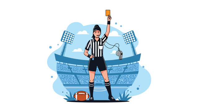 Focused female referee stands in the center of a football stadium while holding up a yellow card for a game infraction.