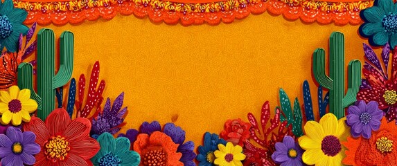 Fiesta Fiesta: Vibrant Flowers & Cactus Frame Gold, Mexican Style