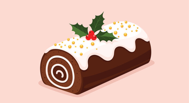 Traditional chocolate Yule log cake with thick white icing, gold sugar pearls, and holly leaves is shown on a soft pink background for the holidays.