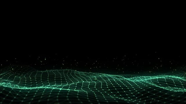 Dark cyberspace in digital background. Abstract technology green wave with motion glowing dots and lines. Connection big data. Futuristic wireframe texture. Analysis network connection. 3D rendering.
