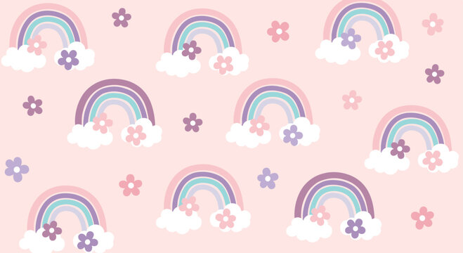 Whimsical seamless pattern for children featuring pastel rainbows and pretty flowers on a soft pink background.