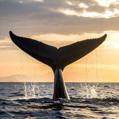 Fototapeta premium Majestic whale tail breaching the ocean's surface at sunset, creating a breathtaking natural spectacle