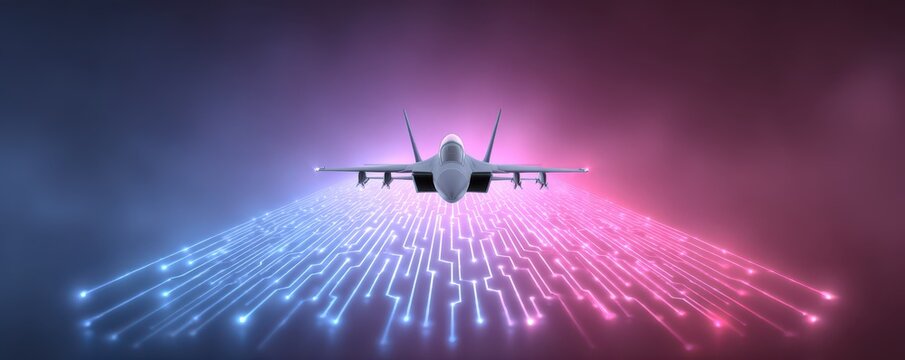 A futuristic jet fighter flies over a digital circuit board pattern glowing in blue and pink light.