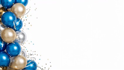 Fototapeta premium Vibrant blue, golden, and silver party balloons with glittering confetti creating a joyful festive border on a pristine white background for celebration designs
