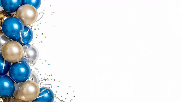 Vibrant blue, golden, and silver party balloons with glittering confetti creating a joyful festive border on a pristine white background for celebration designs