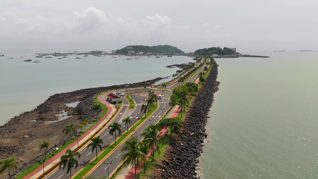 Amador Causeway connecting Flamenco and Perico islands in Panama City with Puerto de Cruceros (Cruise port) in drone view