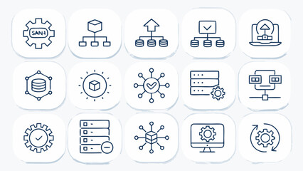 Fototapeta premium Collection of various technical icons representing different concepts in technology and industry, displayed in a grid layout on a clean background, viewed from directly above.