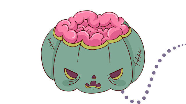 Cartoon zombie pumpkin head with exposed pink brain isolated on white