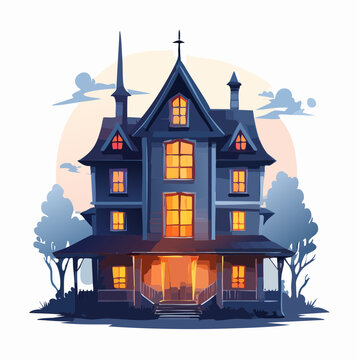 Mysterious Victorian House Illuminated at Dusk, Spooky Old Mansion with Glowing Windows, Perfect for Halloween Designs