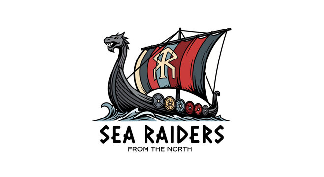 Stylized illustration of a Viking longship with a dragon head prow and a sail featuring a symbol, above the text 'SEA RAIDERS FROM THE NORTH'.