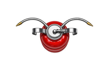 Classic red oil can with two flexible spouts on a black background