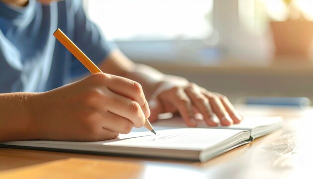Child's hands writing with a pencil in a notebook, symbolizing education and learning