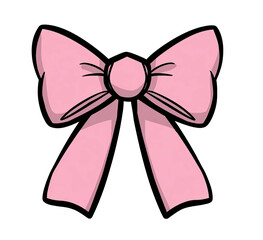 Cartoon illustration of a pastel pink bow with black outlines on a solid black background