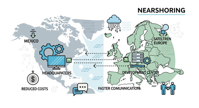 Nearshoring concept with global map and icons