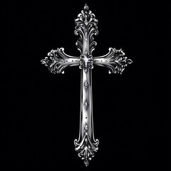 Ornate silver cross on black background