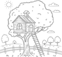 Obraz premium Whimsical hand-drawn of a charming treehouse nestled in a large tree with a ladder, surrounded by a wooden fence and rolling hills under a sunny sky