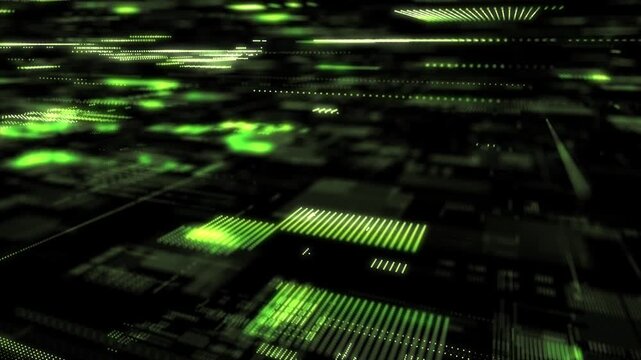 Abstract digital background. Green matrix cyberspace with moving data. Technology cyber security futuristic space. Concept hacking, sorting and analysis big data. Binary code dots flow. 3d rendering.