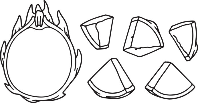 Simple black and white illustration of a broken egg with eggshell fragments beautifully arranged around the cracked eggshell.