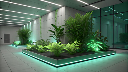 Artificial indoor garden with subtle green neon underlighting.
