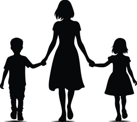A happy mother holding hands with her young son and daughter while walking together outdoors silhouette vector illustration