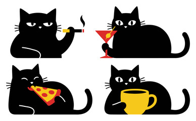 Funny black cat cartoon set. smoking cat, cocktail cat, pizza eating cat, coffee drinking cat humorous pet character lifestyle collection Flat vector illustration