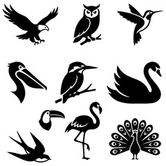 Bird silhouette icon set. eagle, owl, hummingbird, pelican, kingfisher, swan, toucan, flamingo, peacock, swallow wildlife flying animal collection Flat vector illustration