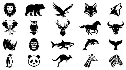 Wild animal silhouette icon set. lion, bear, eagle, fox, wolf, elephant, owl, deer, horse, bull, rhino, gorilla, shark, dolphin, whale, penguin, panda, kangaroo, giraffe, zebra wildlife collection 
