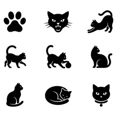 Cat silhouette icon set. pawprint, cat face, stretching cat, walking cat, playing cat, sitting cat, sleeping cat, collar pet feline animal collection Flat vector illustration