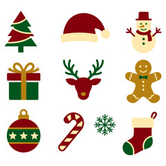 Christmas holiday icon set. tree, santa hat, snowman, gift box, reindeer, gingerbread, ornament, candy cane, snowflake, stocking festive winter celebration collection Flat vector illustration