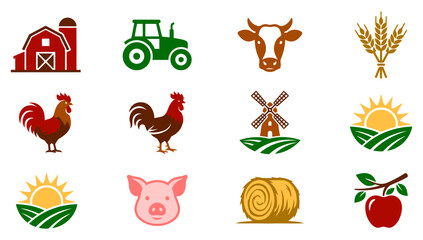 Farm agriculture icon set. barn, tractor, cow, wheat, rooster, windmill, sunrise, pig, hay, apple, rural farming livestock harvest countryside symbol collection Flat vector illustration
